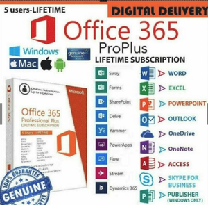 Office 365 2019 Version for 5 Windows or Mac; Lifetime Account; + 5 Smartphones or Tablets; NEW