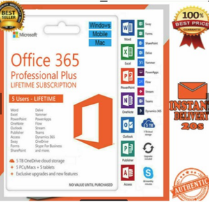 Office 365 2019 Version for 5 Windows or Mac; Lifetime Account; + 5 Smartphones or Tablets; NEW